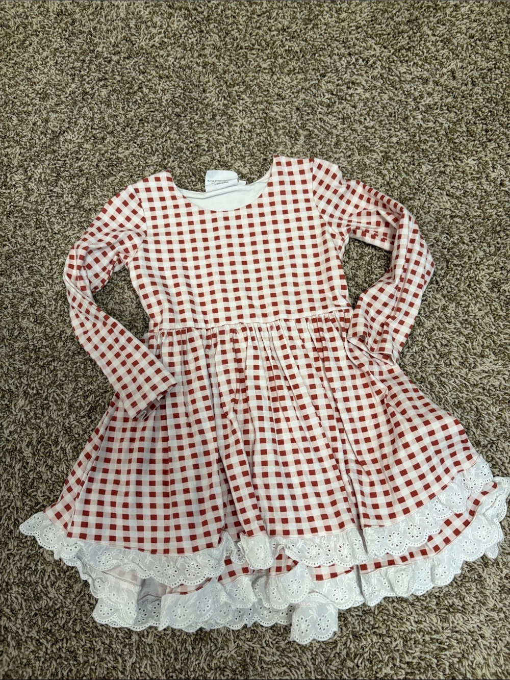 Magnolia brown and White Gingham Long-Sleeve Dress with Eyelet Trim
